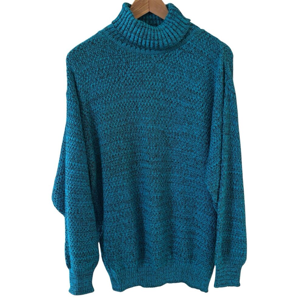 Vintage 80s 90s Womens Turtleneck Sweater Size Large Blue‎ Pullover USA Comfort